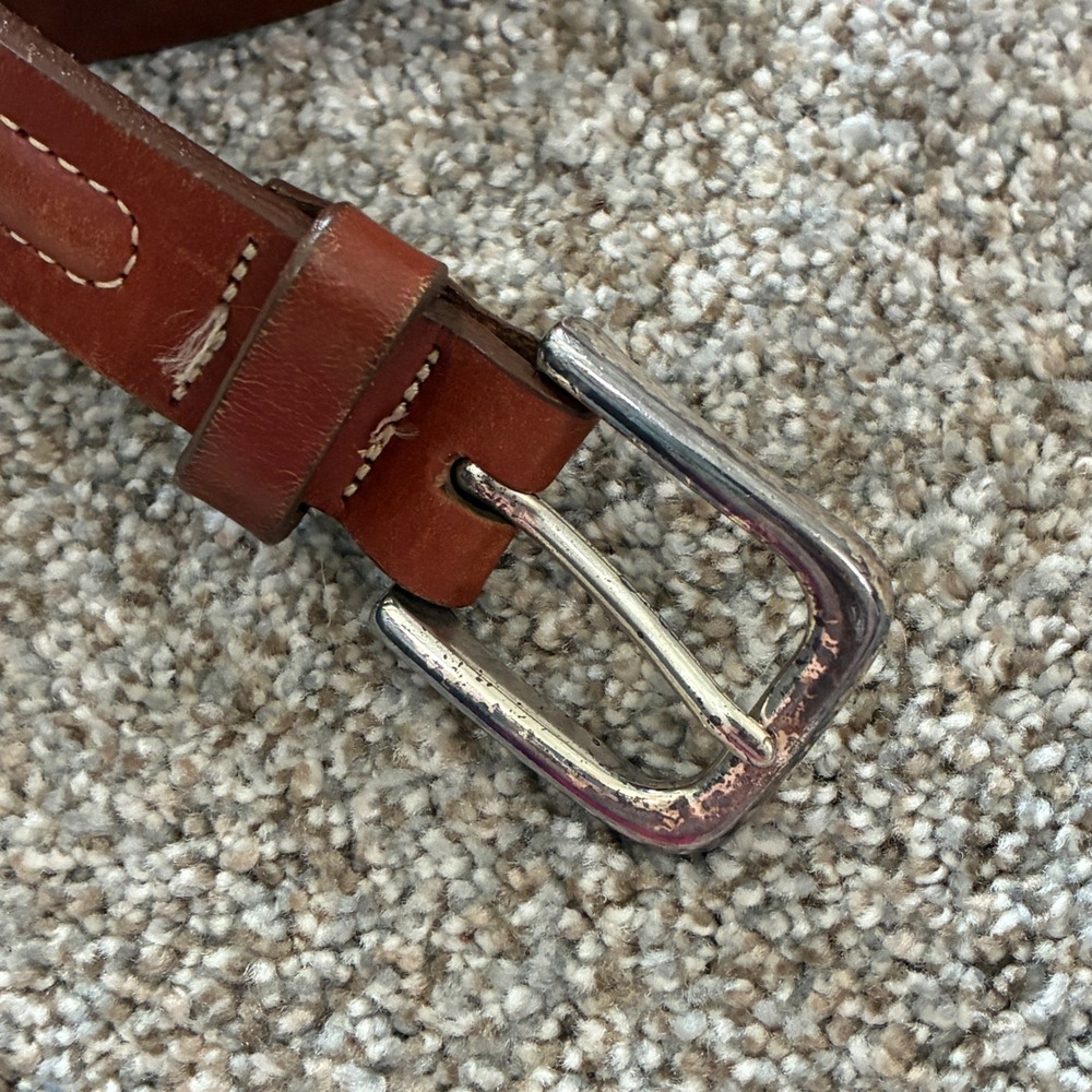 90's LL Bean Leather Belt Mens 34? Brown Brass Buckle USA Americana Heritage - Picture 2 of 9